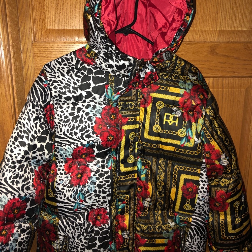 Reason Brand Floral and Chains Print Puffer Coat